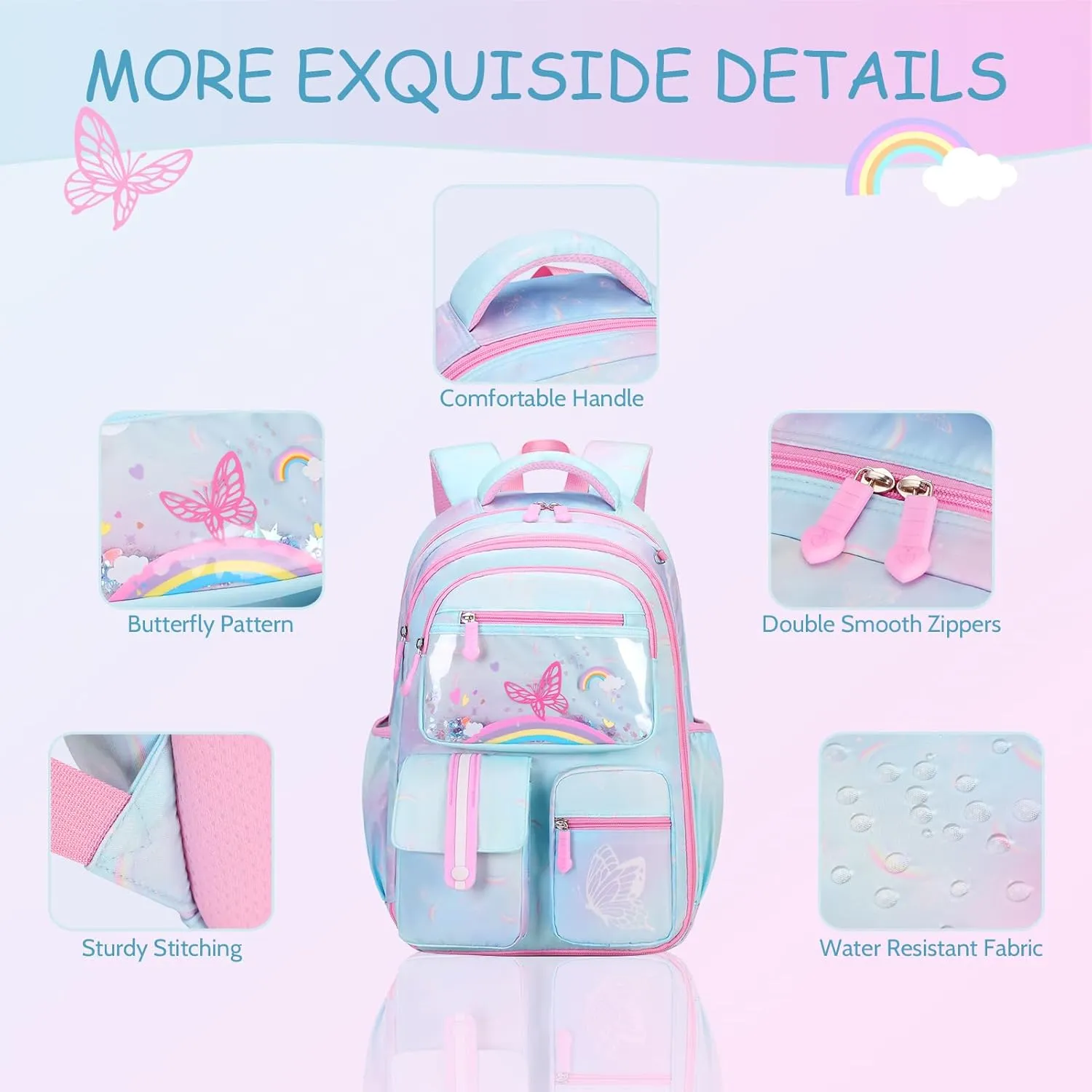 Kids School Backpack for Girls, Bookbag Backpack with Lunch Box & Pencial Pouch Set for Girls Kids Teens Elementary Middle School Student, Girl Backpack for School (Green Rainbow)