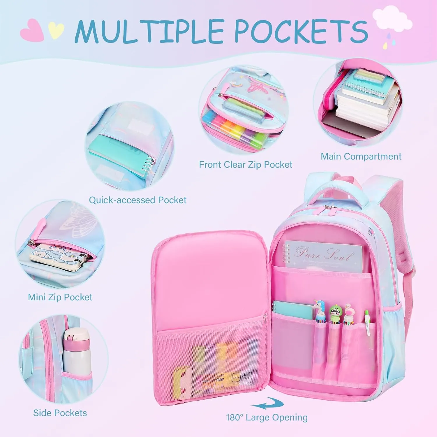 Kids School Backpack for Girls, Bookbag Backpack with Lunch Box & Pencial Pouch Set for Girls Kids Teens Elementary Middle School Student, Girl Backpack for School (Green Rainbow)