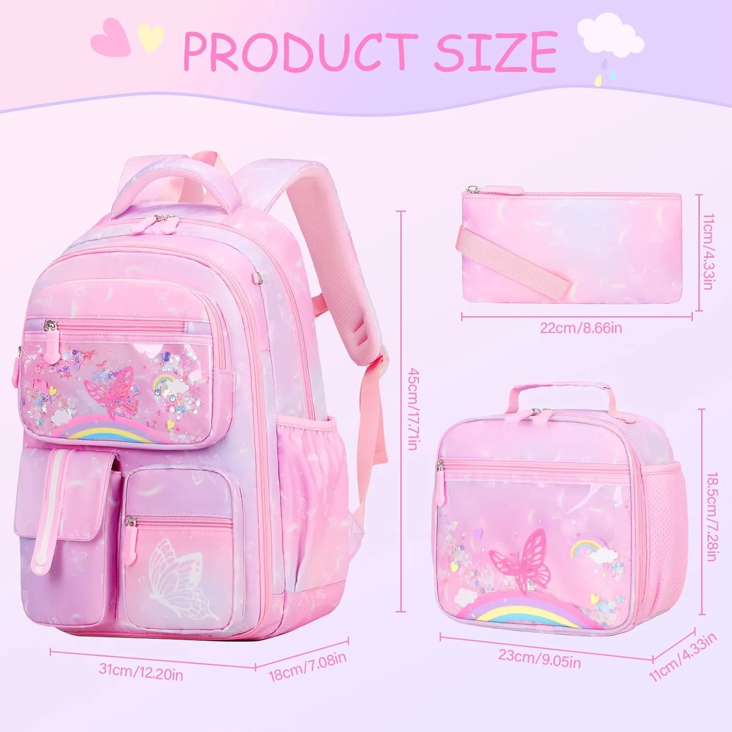 Kids School Backpack for Girls, Bookbag Backpack with Lunch Box & Pencial Pouch Set for Girls Kids Teens Elementary Middle School Student, Girl Backpack for School (Pink Rainbow)
