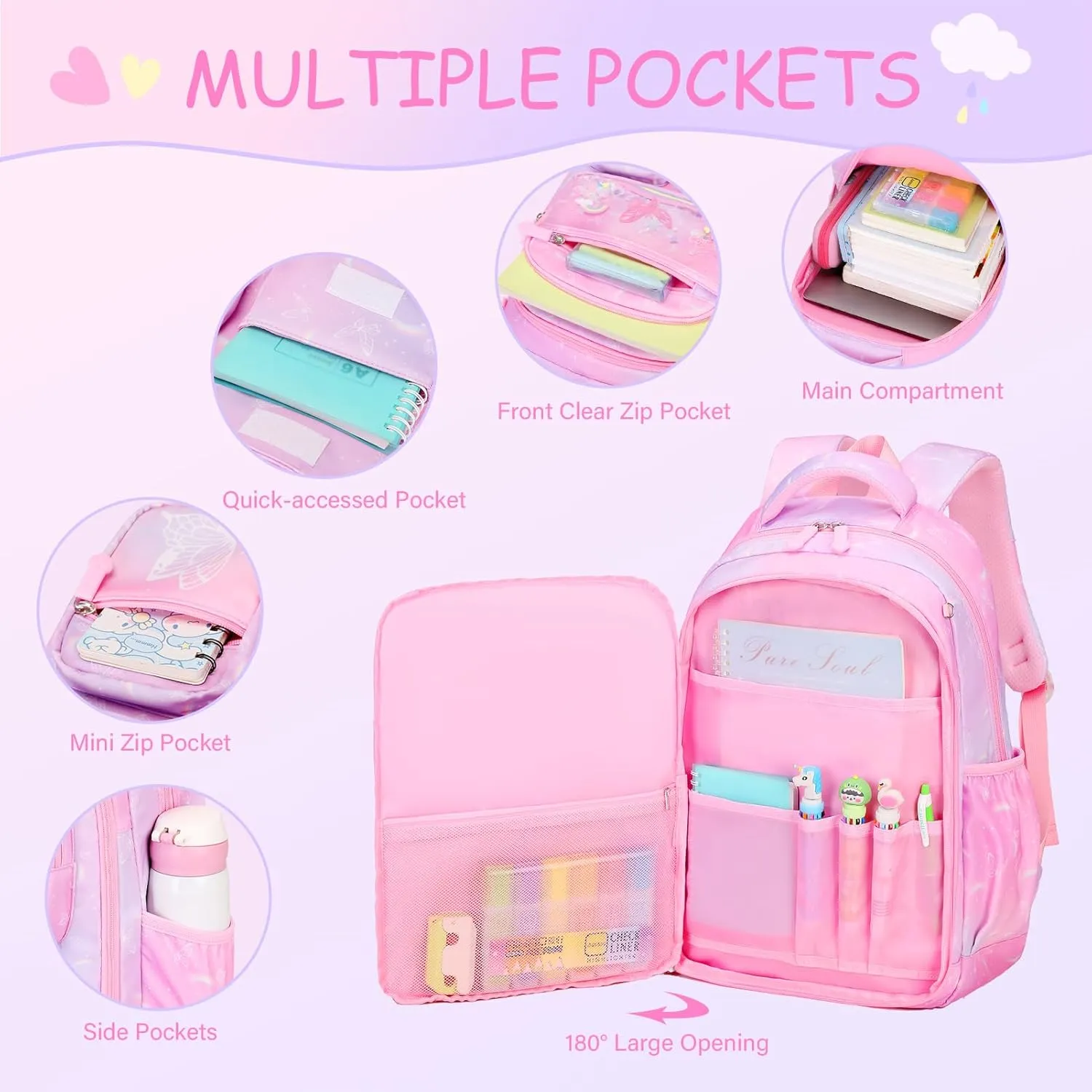 Kids School Backpack for Girls, Bookbag Backpack with Lunch Box & Pencial Pouch Set for Girls Kids Teens Elementary Middle School Student, Girl Backpack for School (Pink Rainbow)