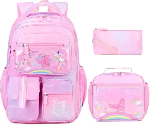 Kids School Backpack for Girls, Bookbag Backpack with Lunch Box & Pencial Pouch Set for Girls Kids Teens Elementary Middle School Student, Girl Backpack for School (Pink Rainbow)