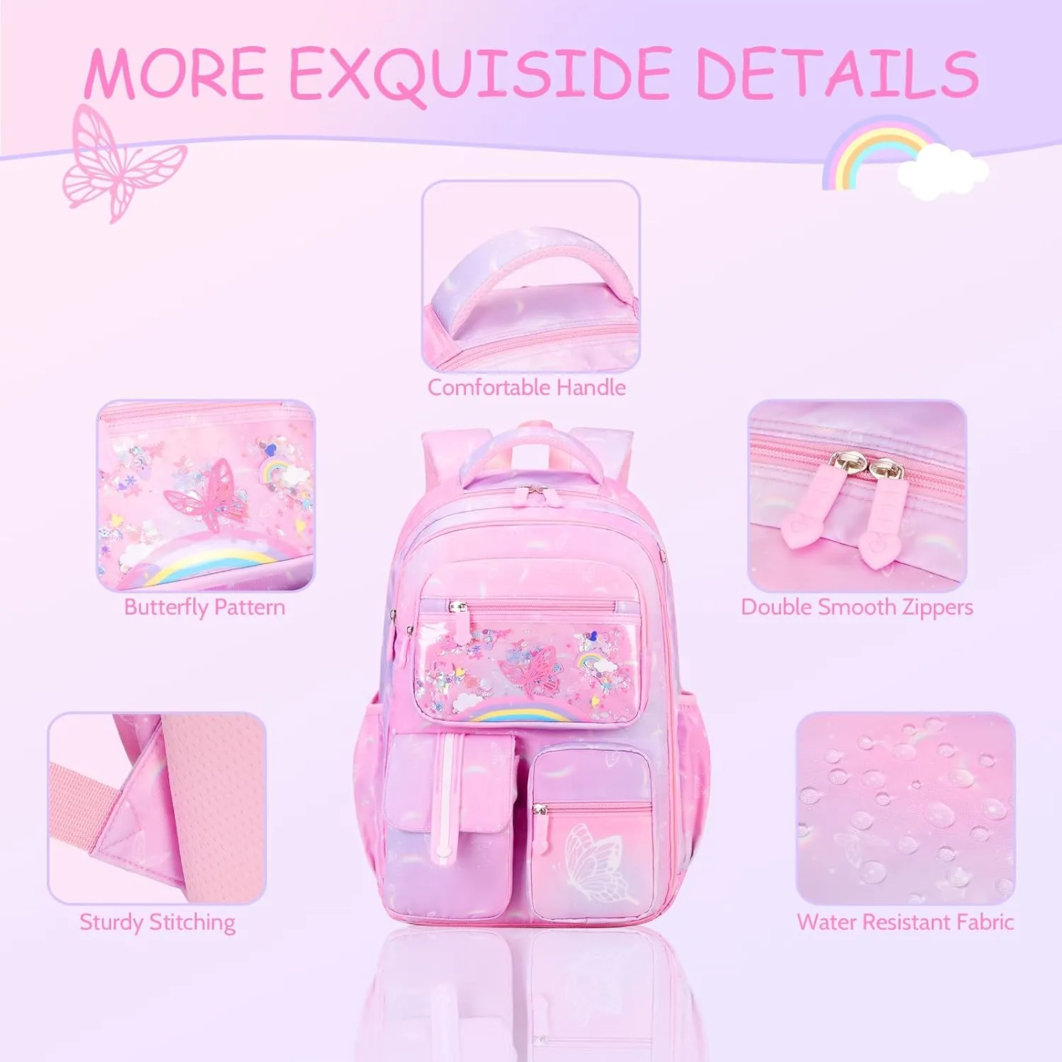 Kids School Backpack for Girls, Bookbag Backpack with Lunch Box & Pencial Pouch Set for Girls Kids Teens Elementary Middle School Student, Girl Backpack for School (Pink Rainbow)