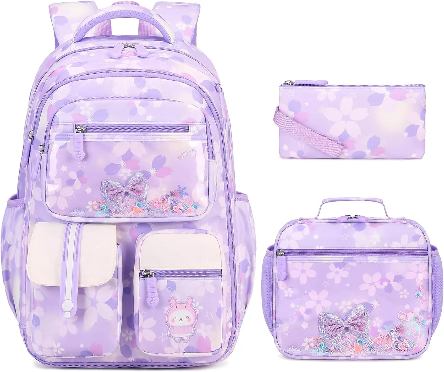 Kids School Backpack for Girls, Butterfly Pattern, Purple, 21L, 11x7.4x16.5 inches, Water Resistant, Insulated Lunch Bag, Pencil Case, 7  Years, Elementary School