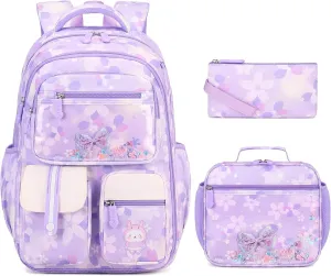 Kids School Backpack for Girls, Butterfly Pattern, Purple, 21L, 11x7.4x16.5 inches, Water Resistant, Insulated Lunch Bag, Pencil Case, 7  Years, Elementary School