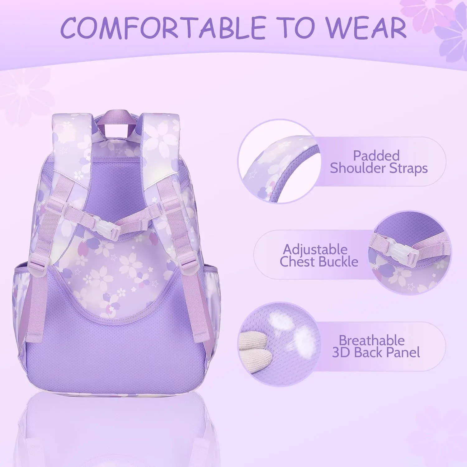 Kids School Backpack for Girls, Butterfly Pattern, Purple, 21L, 11x7.4x16.5 inches, Water Resistant, Insulated Lunch Bag, Pencil Case, 7  Years, Elementary School