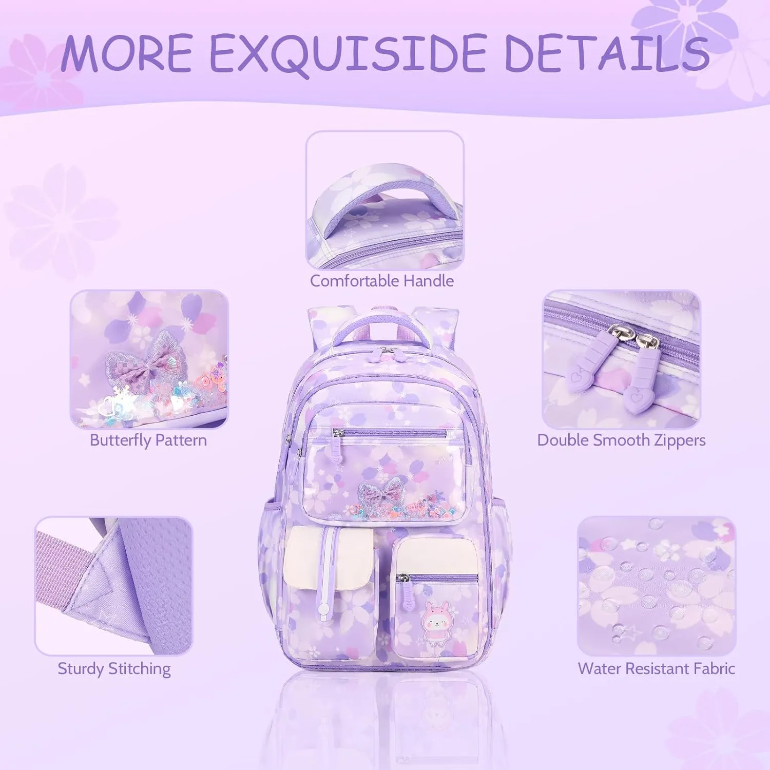 Kids School Backpack for Girls, Butterfly Pattern, Purple, 21L, 11x7.4x16.5 inches, Water Resistant, Insulated Lunch Bag, Pencil Case, 7  Years, Elementary School