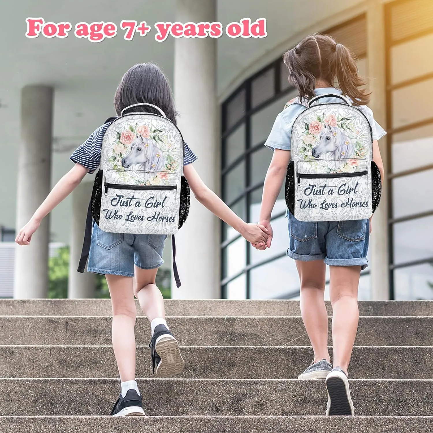 Kids School Backpack Horse Backpack for Girls Waterproof Large School bag 17 Inch Middle School Travel Bookbag Back to School Gifts