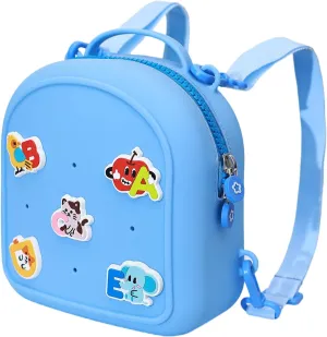 Kids Silicone Backpack, Water-Resistant Mini Travel Bag with Alphabet Badges for Toddlers 3-6, Skin-Friendly, Easy-to-Clean, Gift for boys(blue)