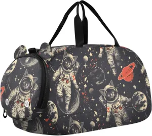 Kids Sport Duffel Bag Astronauts Cats in Space Unisex Overnight Travel Gym Bag