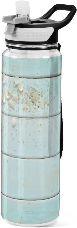 Kigai 32OZ Shells on Wooden Board Water Bottle,Reusable Sports Water Bottle with Straw and Lids, BPA Free Leak-proof Wide Mouth Bottle for Office,Fitness,Outdoor Activities