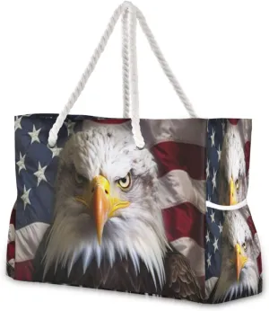 Kigai American Flag Falcon Beach Bags for Women Waterproof Sandproof Beach Tote Bag Multi-Pocket Pool Bag with Zipper for Swim Travel Gym
