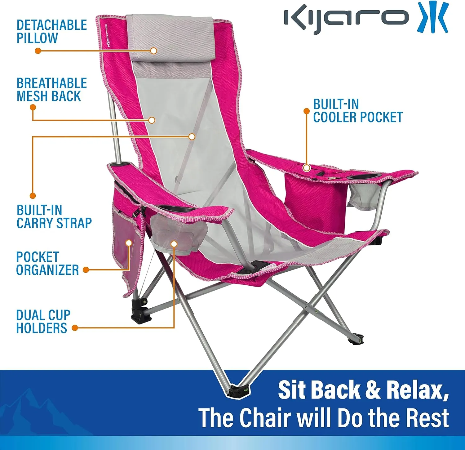 Kijaro Beach Sling Chair with Cooler Pocket - Various Fun Colors & Patterns - Perfect Beach Folding Chair and Camping Chair - Includes a Detachable Pillow
