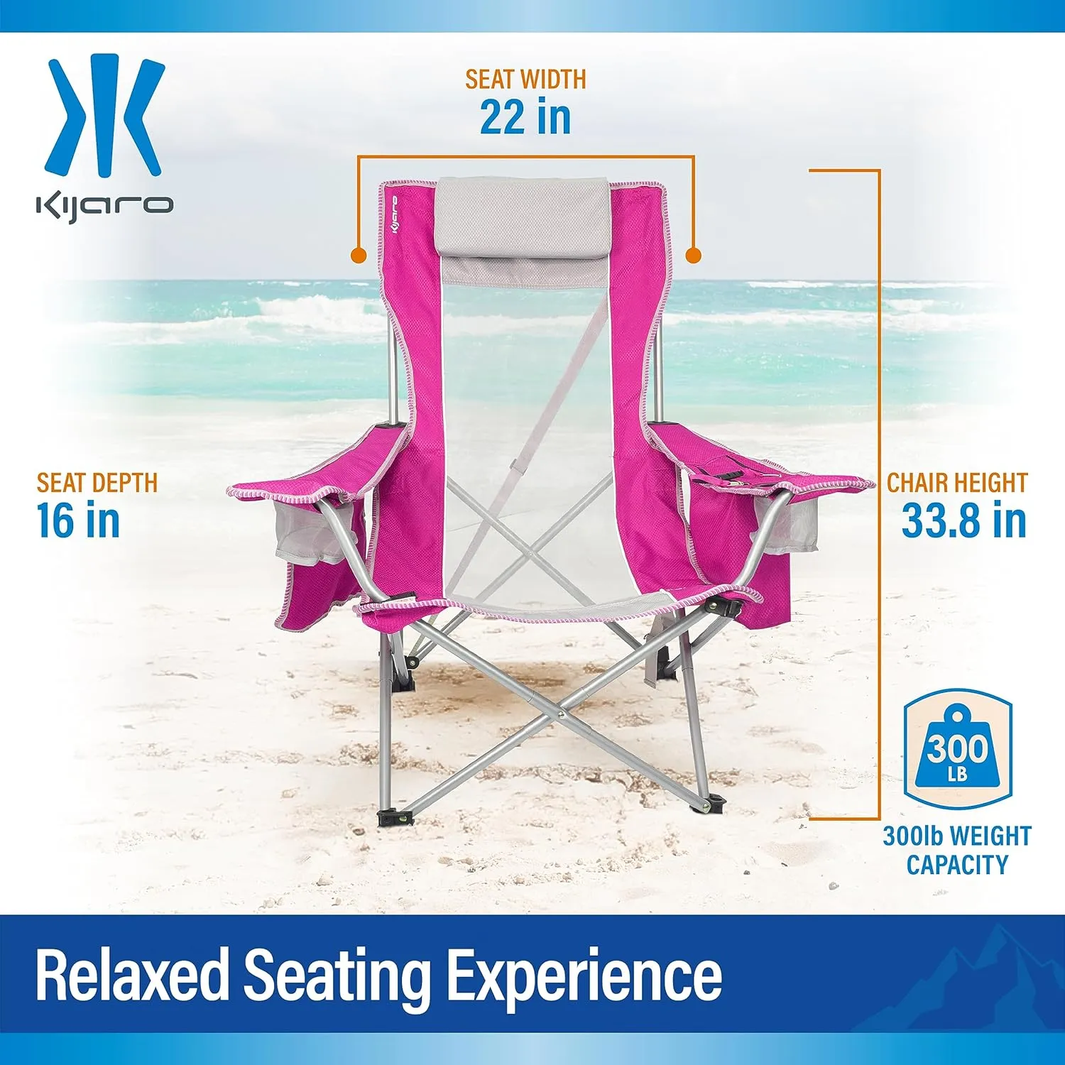 Kijaro Beach Sling Chair with Cooler Pocket - Various Fun Colors & Patterns - Perfect Beach Folding Chair and Camping Chair - Includes a Detachable Pillow