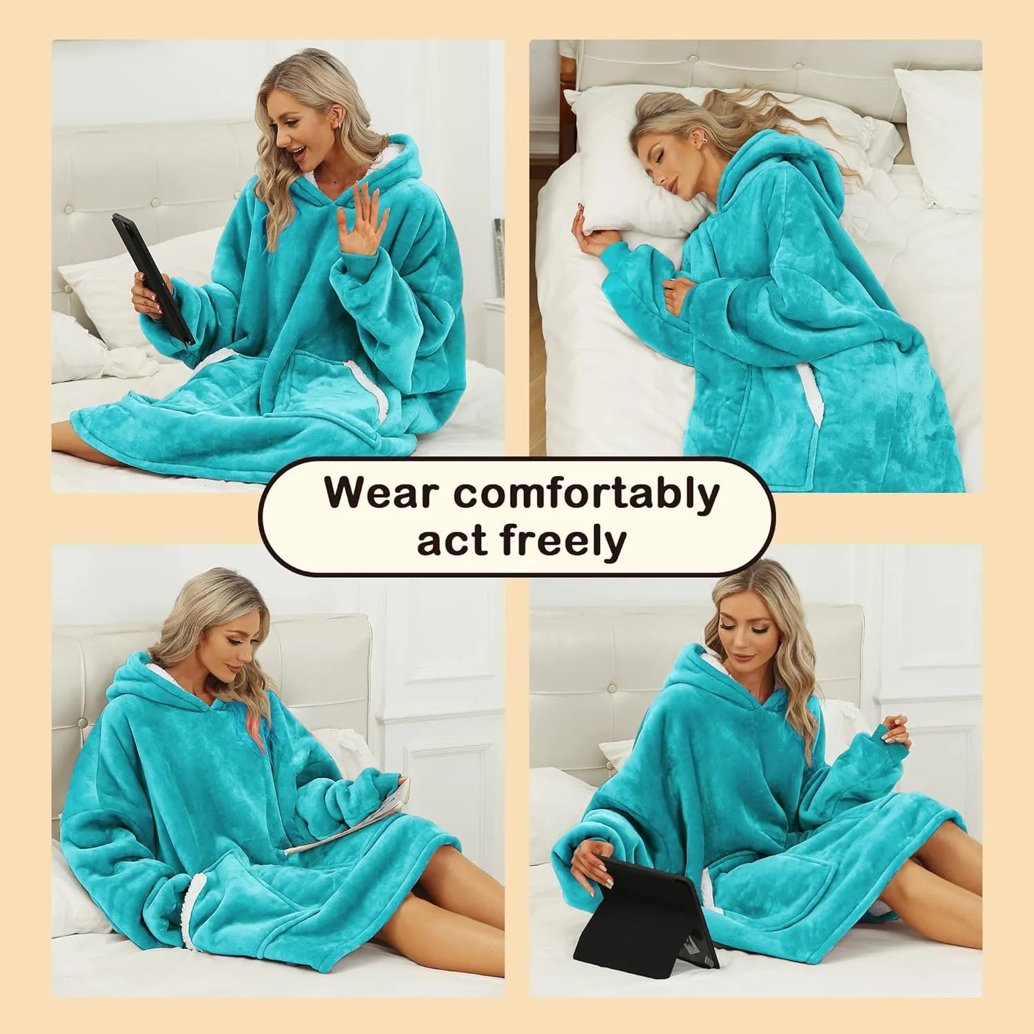 Kipswiza Wearable Blanket Hoodie, Oversized Sweatshirt Blankets for Women Men - Cozy Warm Hooded Blanket for Adult Teen, One Size Fits All(Aqua Green)