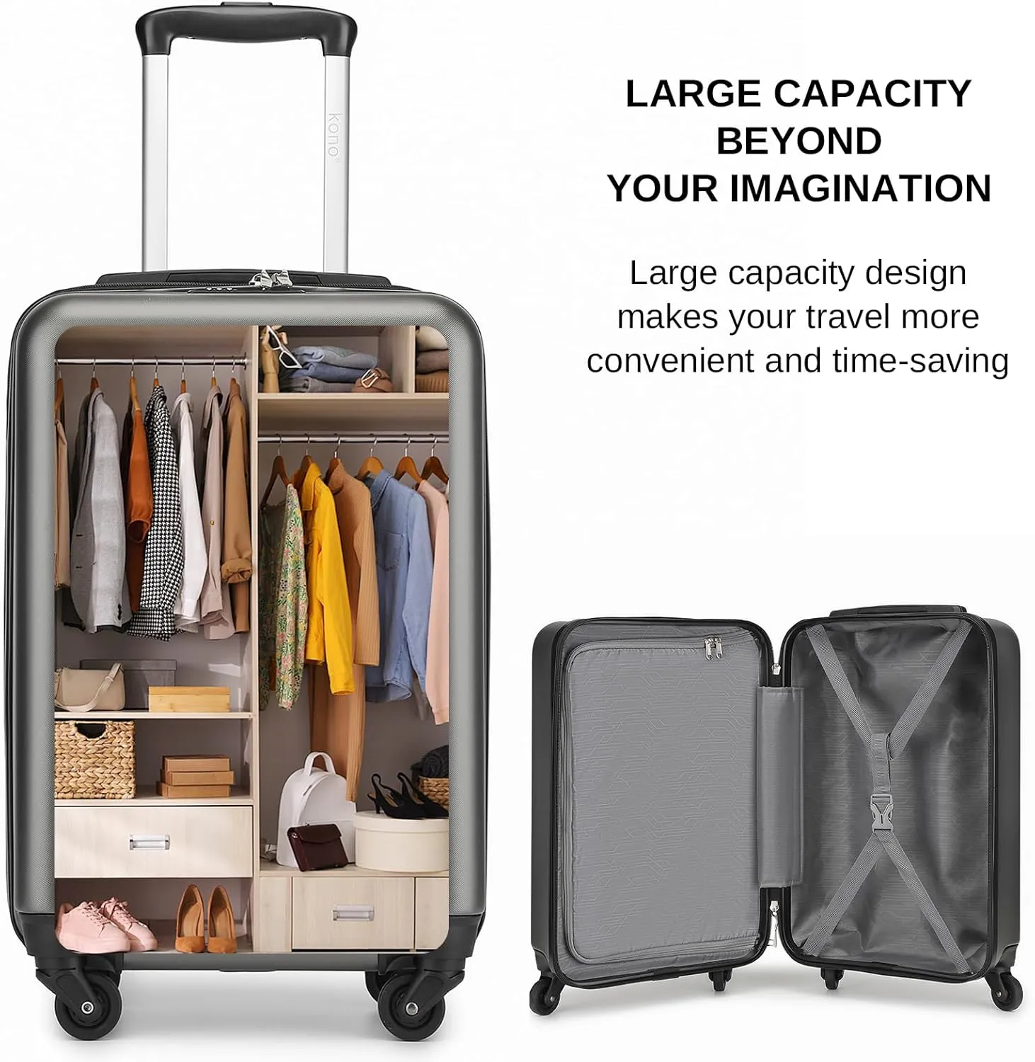 Kono Small Carry on Suitcase 20 Inch Hardside Carry on Luggage Suitcase with Spinner Wheels, Lightweight Rolling Cabin Suitcase for Airplanes Travel (Grey, For 1-3 Days Travel)