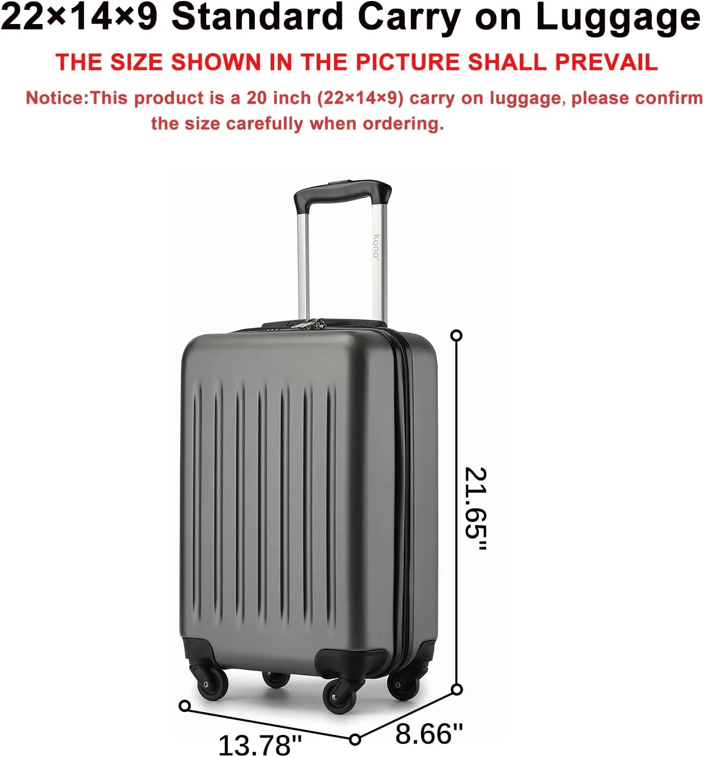 Kono Small Carry on Suitcase 20 Inch Hardside Carry on Luggage Suitcase with Spinner Wheels, Lightweight Rolling Cabin Suitcase for Airplanes Travel (Grey, For 1-3 Days Travel)