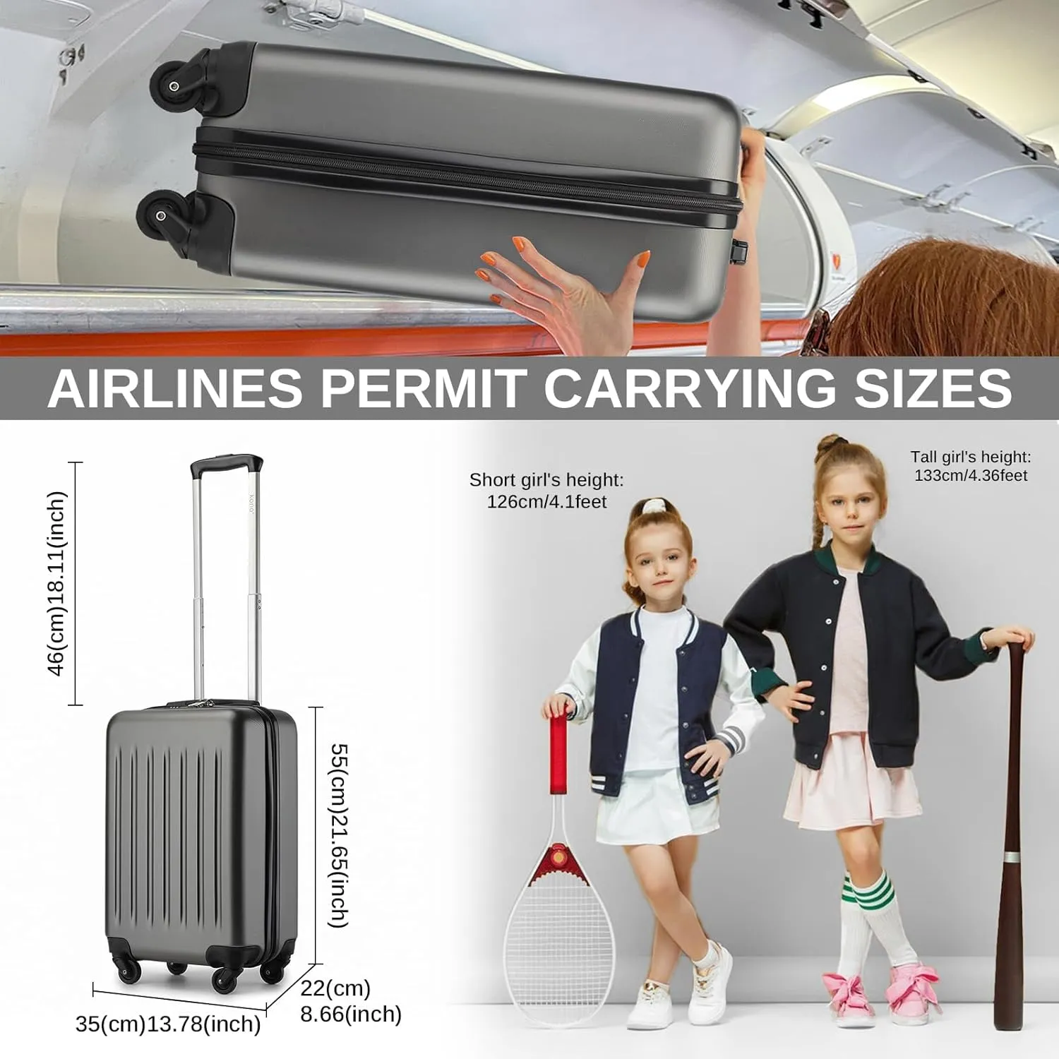 Kono Small Carry on Suitcase 20 Inch Hardside Carry on Luggage Suitcase with Spinner Wheels, Lightweight Rolling Cabin Suitcase for Airplanes Travel (Grey, For 1-3 Days Travel)