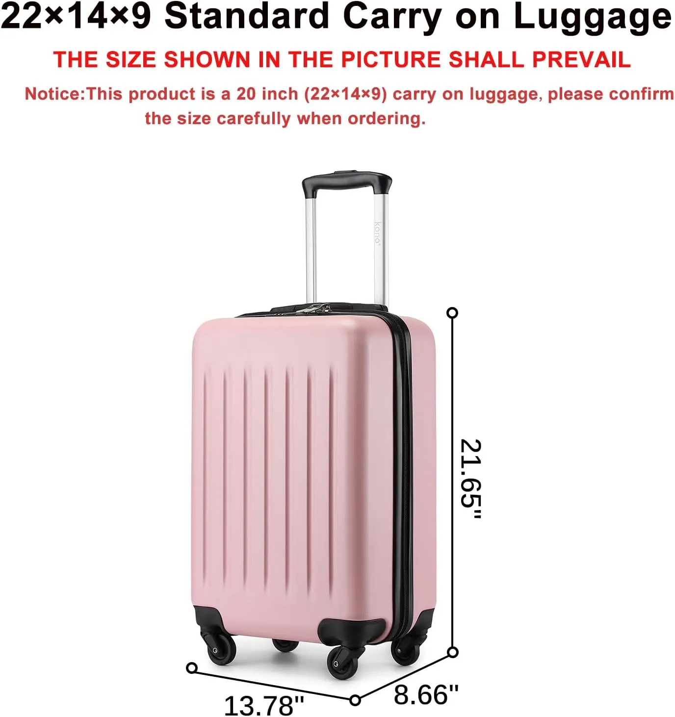 Kono Small Carry on Suitcase 20 Inch Hardside Carry on Luggage Suitcase with Spinner Wheels, Lightweight Rolling Cabin Suitcase for Airplanes Travel (Pink, For 1-3 Days Travel)
