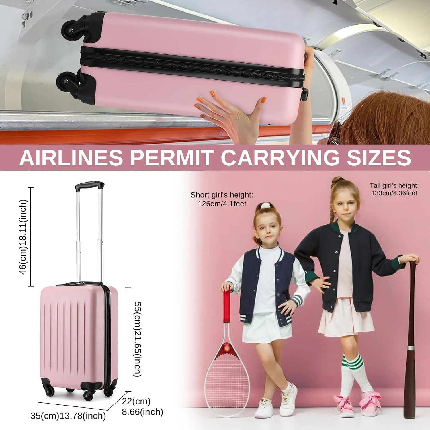 Kono Small Carry on Suitcase 20 Inch Hardside Carry on Luggage Suitcase with Spinner Wheels, Lightweight Rolling Cabin Suitcase for Airplanes Travel (Pink, For 1-3 Days Travel)