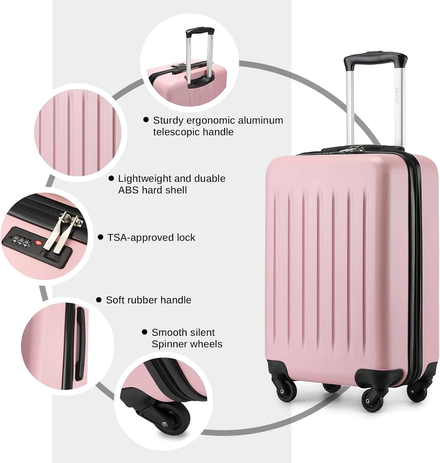Kono Small Carry on Suitcase 20 Inch Hardside Carry on Luggage Suitcase with Spinner Wheels, Lightweight Rolling Cabin Suitcase for Airplanes Travel (Pink, For 1-3 Days Travel)