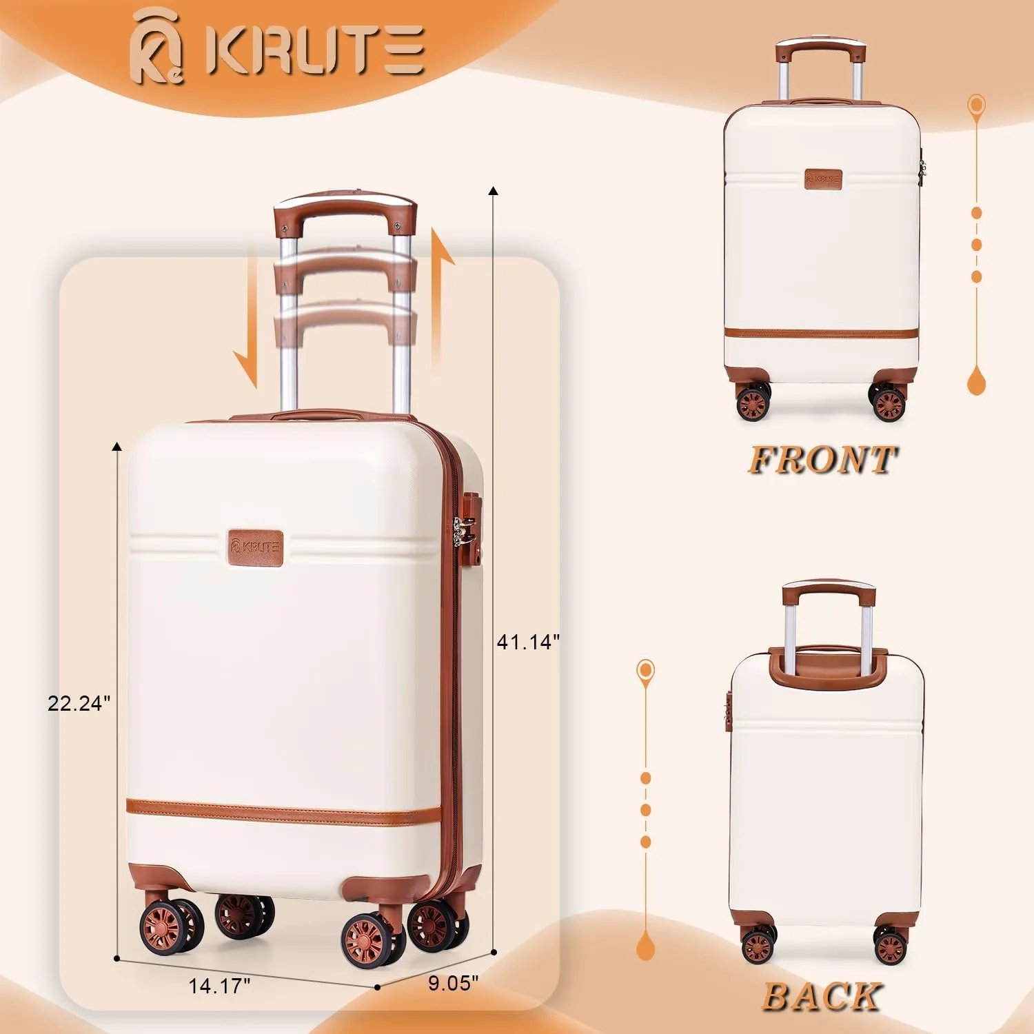 Krute Carry On Luggage 22x14x9 Airline Approved Hard Shell Suitcases with Wheels 20in PC ABS TSA Approved Carry On Suitcase (WhiteBrown)