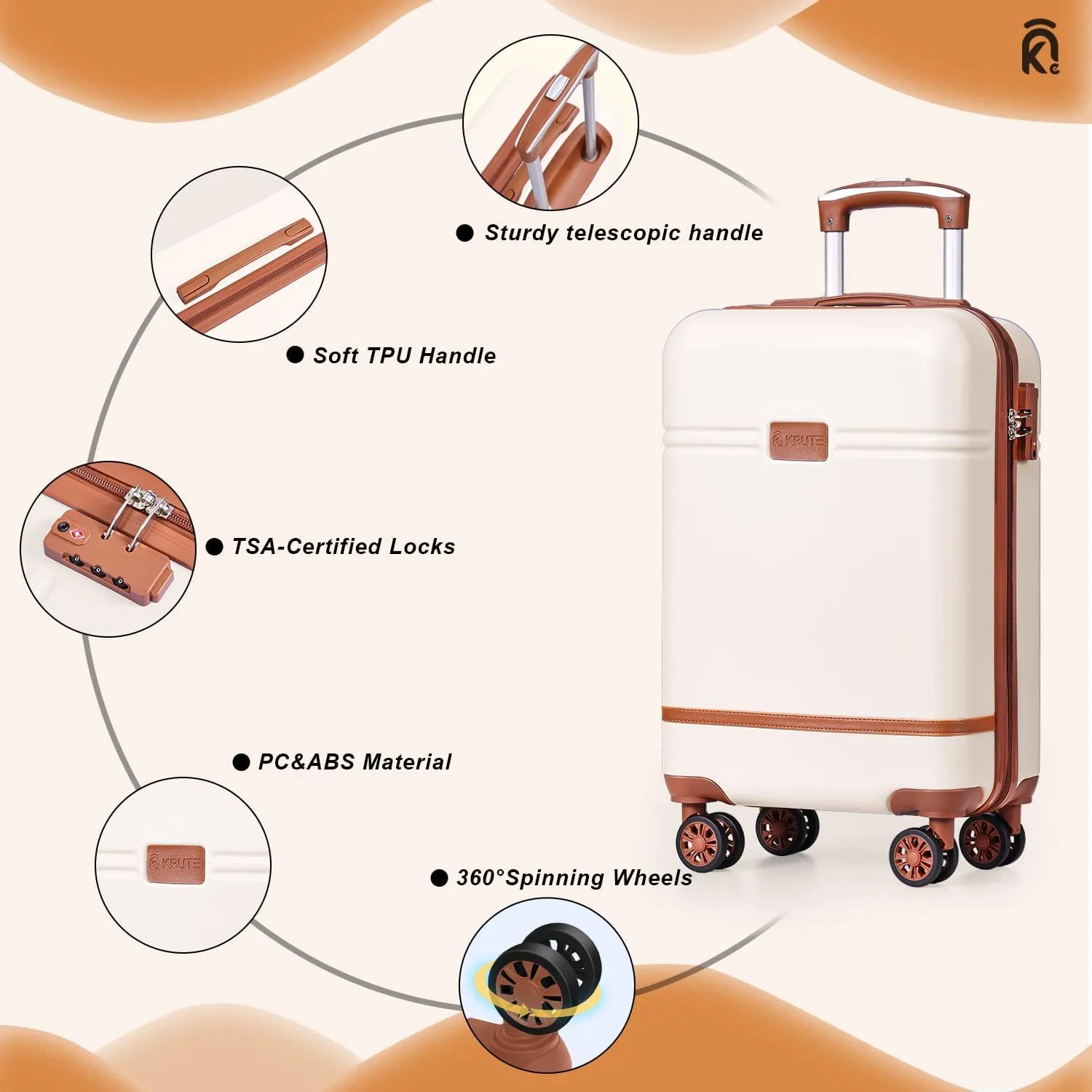 Krute Carry On Luggage 22x14x9 Airline Approved Hard Shell Suitcases with Wheels 20in PC ABS TSA Approved Carry On Suitcase (WhiteBrown)