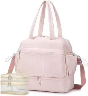 KSIBNW Gym Bag for Women Travel Duffle Bag, Water Resistant Carry on Weekender with Wet Pocket and Shoes Compartment Lightweight Personal Item Travel Bags for Yoga Hospital, with Makeup-bag, Pink