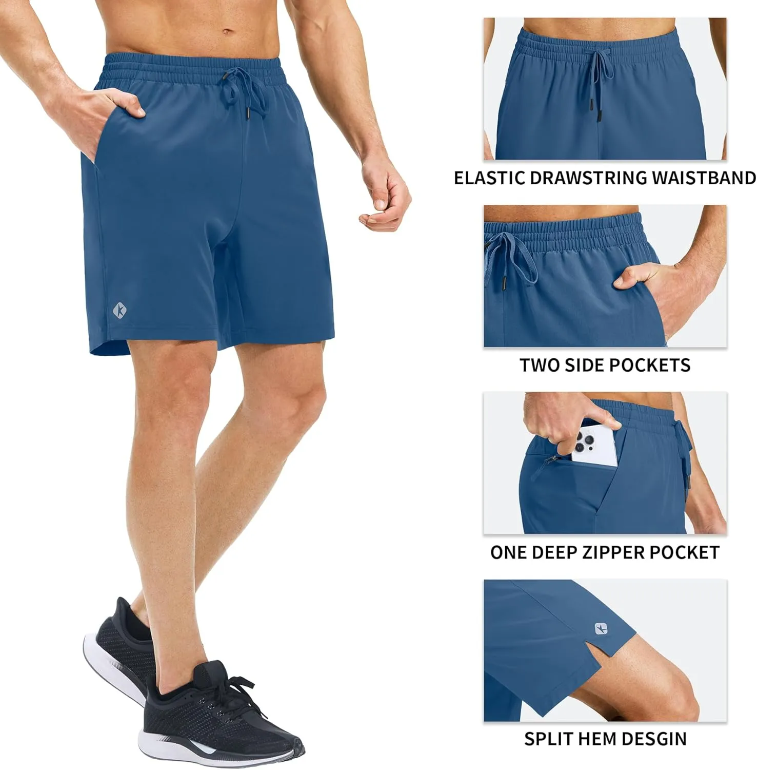 Ksmien Men's Running Shorts 7 Inch with Zipper Pockets Quick Dry Lightweight Athletic Shorts for Workout Gym Basketball