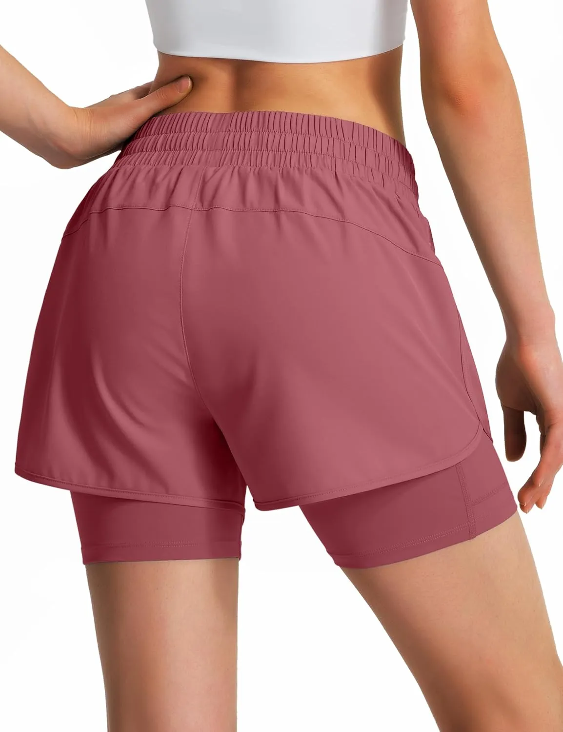 Ksmien Women's 2 in 1 Running Shorts Quick Dry Athletic Gym Workout Shorts with Liner Phone Pockets