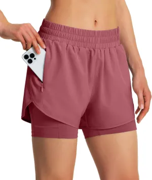 Ksmien Women's 2 in 1 Running Shorts Quick Dry Athletic Gym Workout Shorts with Liner Phone Pockets