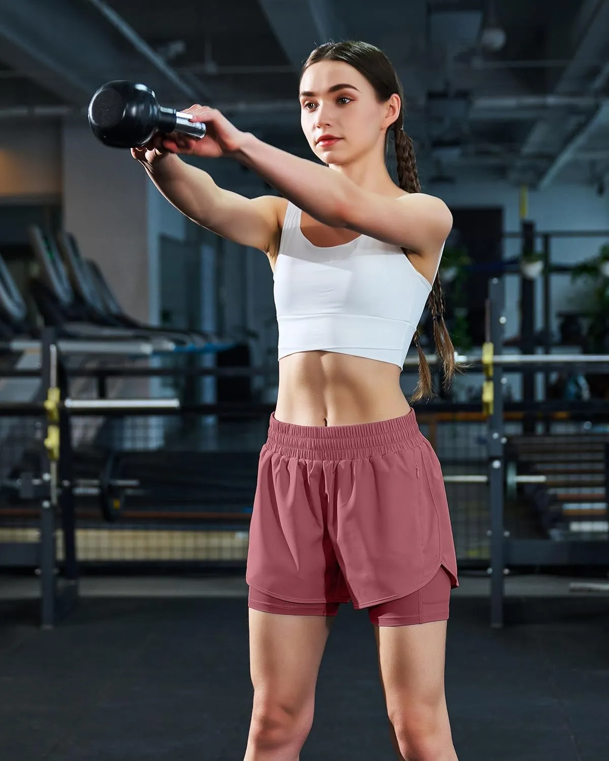 Ksmien Women's 2 in 1 Running Shorts Quick Dry Athletic Gym Workout Shorts with Liner Phone Pockets