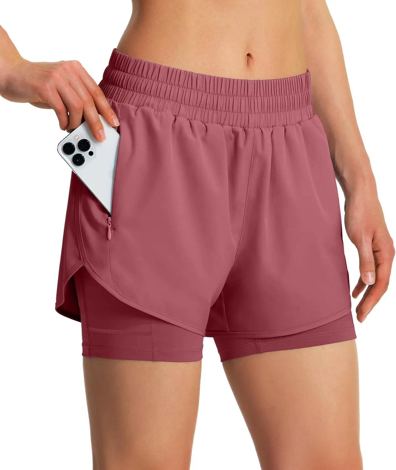 Ksmien Women's 2 in 1 Running Shorts Quick Dry Athletic Gym Workout Shorts with Liner Phone Pockets