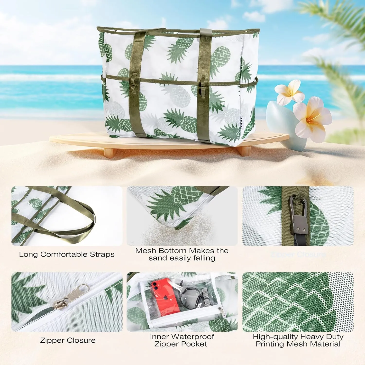 KUAK Mesh Beach Bag, Extra Large Waterproof Sandproof Tote with 9 Pockets, Zippered Top, Lightweight for Travel, Pool, Family