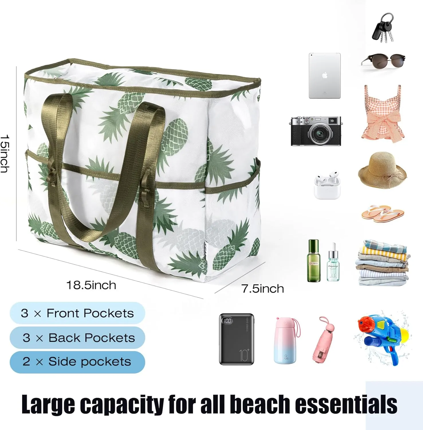 KUAK Mesh Beach Bag, Extra Large Waterproof Sandproof Tote with 9 Pockets, Zippered Top, Lightweight for Travel, Pool, Family