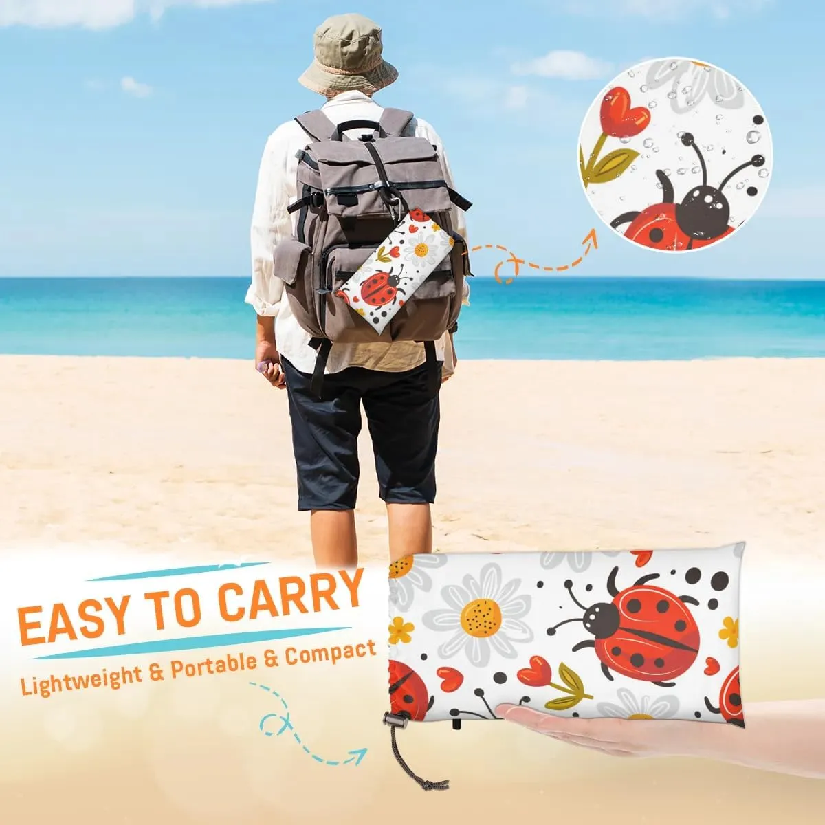 Ladybugs Beach Blanket, Sandproof Beach Mat, 68 x 59 Waterproof Quick Drying Sand Free Mat with 4 x Ground Spikes for Outdoor Travel Camping Hiking, Daisy Flower