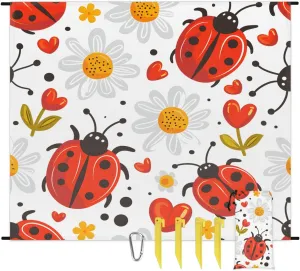 Ladybugs Beach Blanket, Sandproof Beach Mat, 68 x 59 Waterproof Quick Drying Sand Free Mat with 4 x Ground Spikes for Outdoor Travel Camping Hiking, Daisy Flower