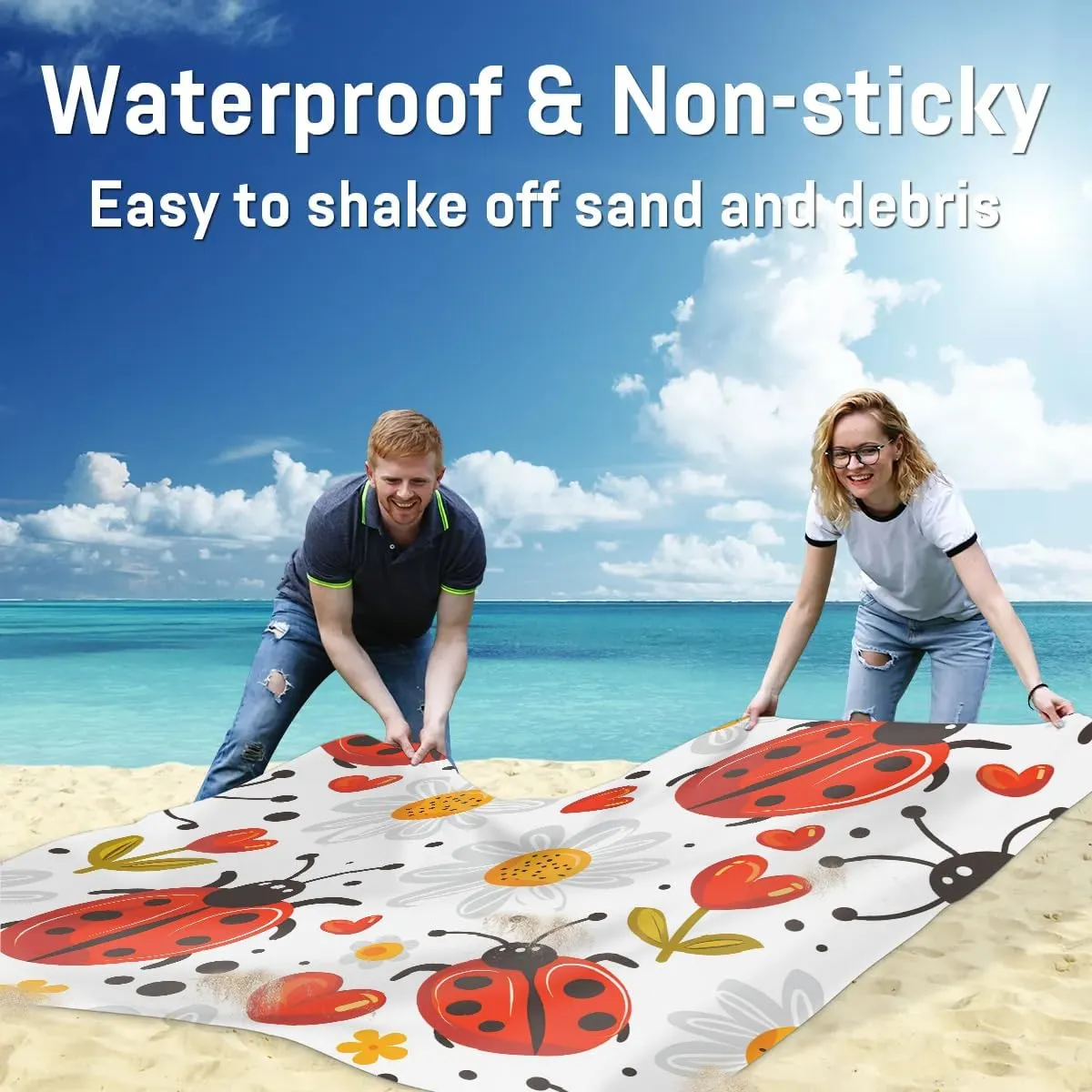 Ladybugs Beach Blanket, Sandproof Beach Mat, 68 x 59 Waterproof Quick Drying Sand Free Mat with 4 x Ground Spikes for Outdoor Travel Camping Hiking, Daisy Flower