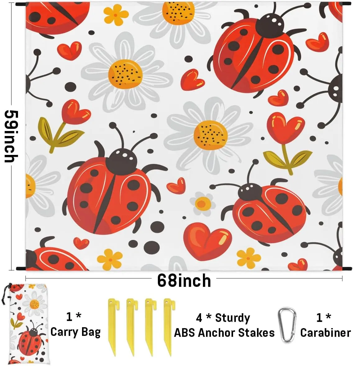 Ladybugs Beach Blanket, Sandproof Beach Mat, 68 x 59 Waterproof Quick Drying Sand Free Mat with 4 x Ground Spikes for Outdoor Travel Camping Hiking, Daisy Flower