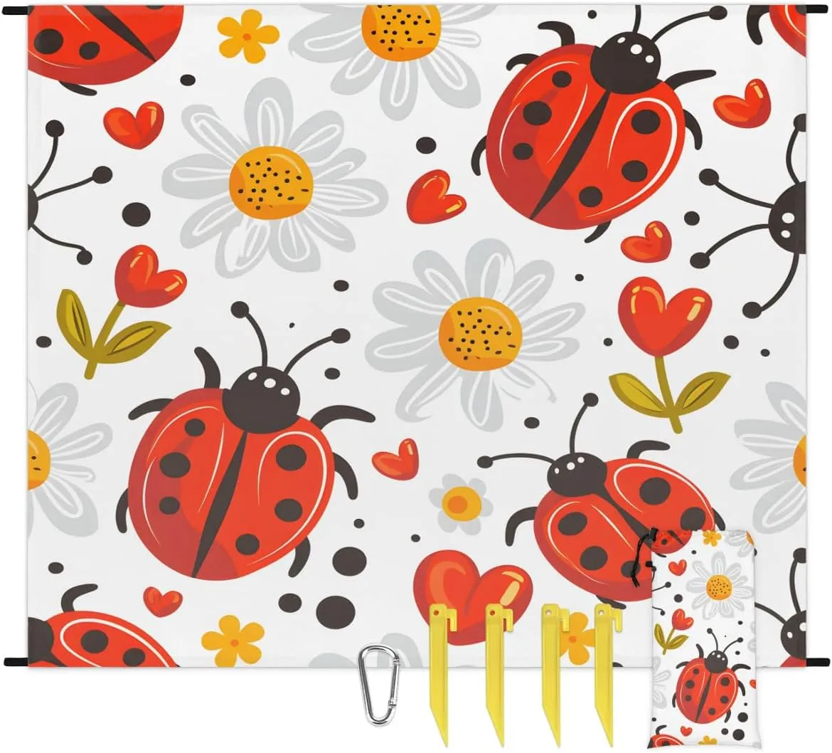 Ladybugs Beach Blanket, Sandproof Beach Mat, 68 x 59 Waterproof Quick Drying Sand Free Mat with 4 x Ground Spikes for Outdoor Travel Camping Hiking, Daisy Flower