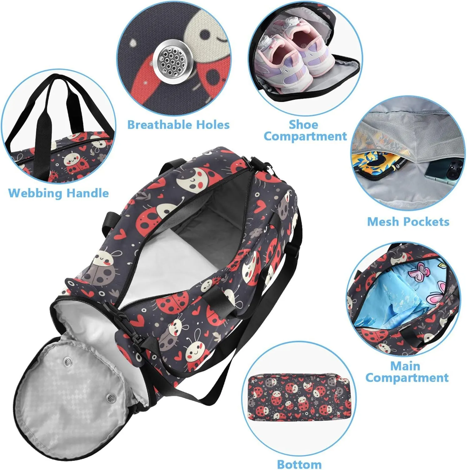 Ladybugs Boy's Gym Duffel Bag with Shoes Compartment Large Capacity Overnight Bag for Beach Swim Bags Pool Sports