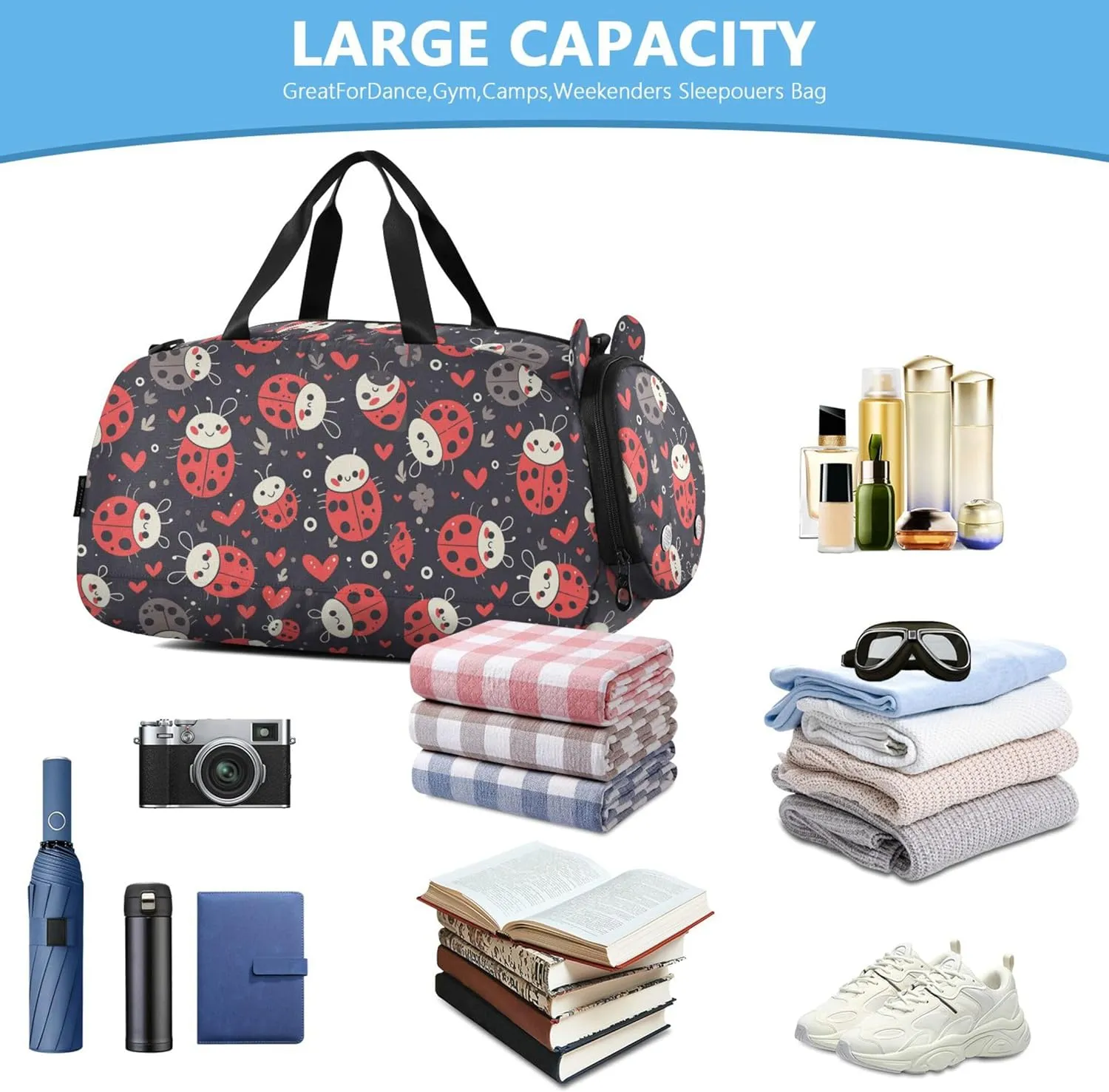 Ladybugs Boy's Gym Duffel Bag with Shoes Compartment Large Capacity Overnight Bag for Beach Swim Bags Pool Sports