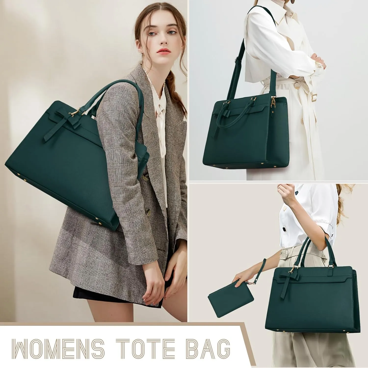 Laptop Bag for Women 15.6 inch Leather Laptop Tote Bag Large Computer Bag Waterproof Business Office Work Bag Briefcase with Satchel Purse 2pcs Set, Dark Green