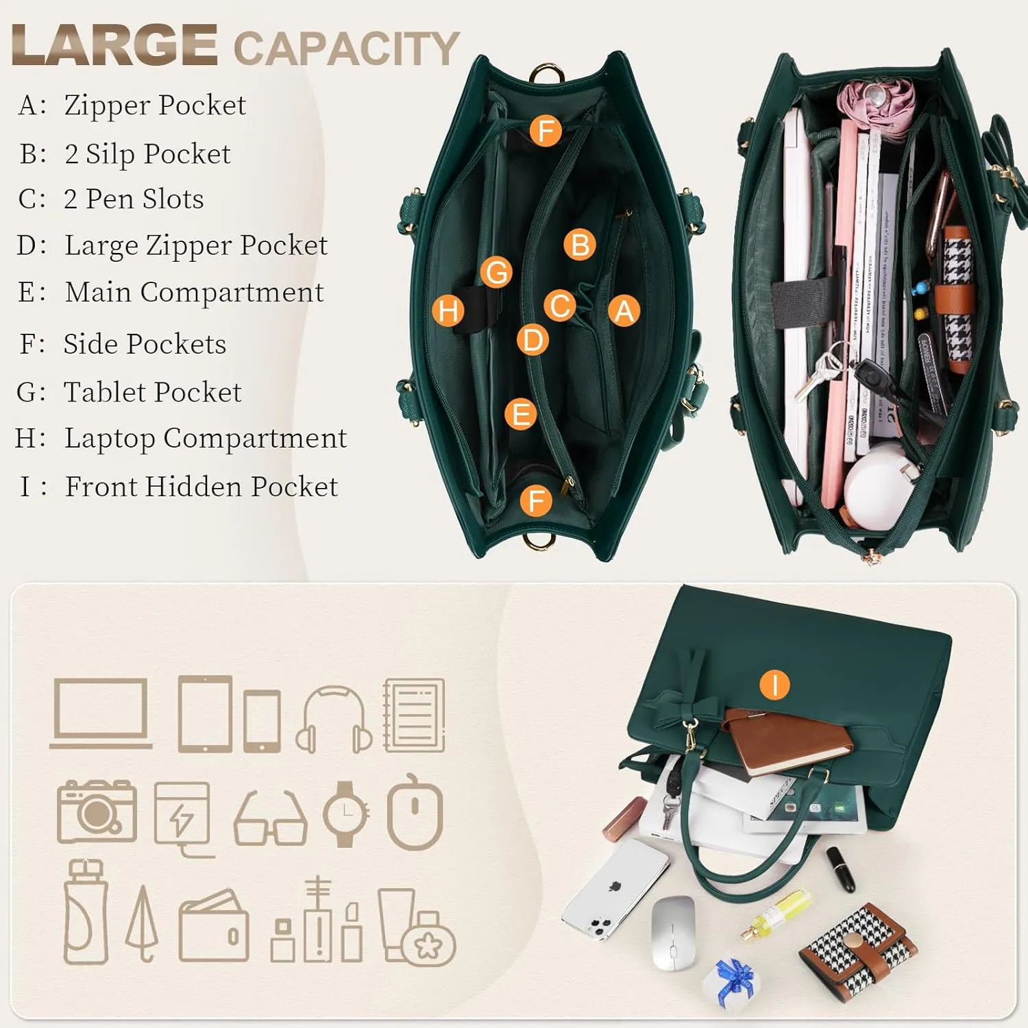 Laptop Bag for Women 15.6 inch Leather Laptop Tote Bag Large Computer Bag Waterproof Business Office Work Bag Briefcase with Satchel Purse 2pcs Set, Dark Green