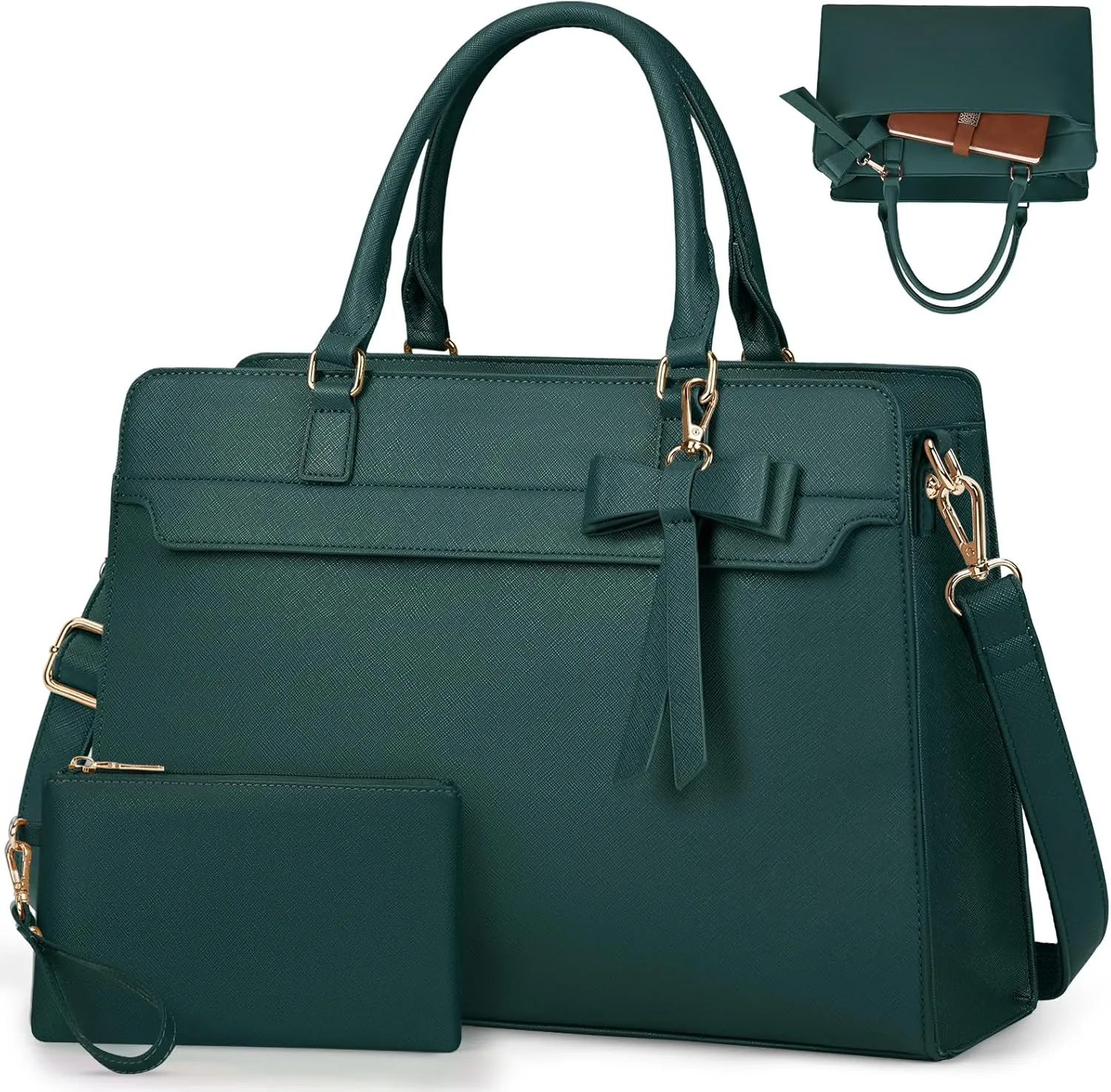 Laptop Bag for Women 15.6 inch Leather Laptop Tote Bag Large Computer Bag Waterproof Business Office Work Bag Briefcase with Satchel Purse 2pcs Set, Dark Green
