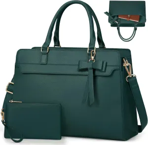 Laptop Bag for Women 15.6 inch Leather Laptop Tote Bag Large Computer Bag Waterproof Business Office Work Bag Briefcase with Satchel Purse 2pcs Set, Dark Green