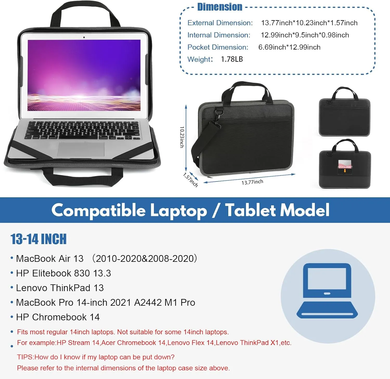 Laptop Case Sleeve 13-14 inch,Shockproof Computer Cover for HP,Protective Laptop Shoulder Bag for MacBook Air/MacBook Pro,Dell,Lenovo,Chromebook(Black)