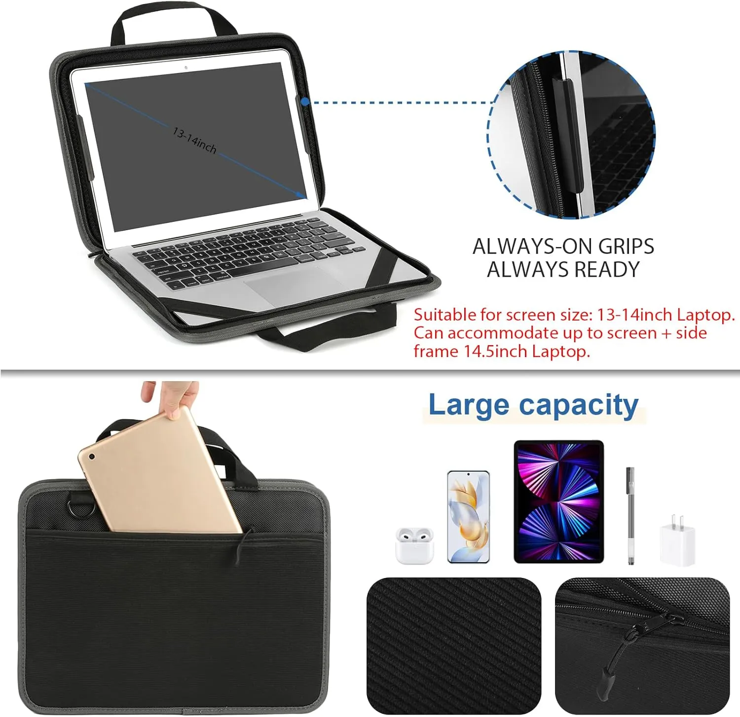 Laptop Case Sleeve 13-14 inch,Shockproof Computer Cover for HP,Protective Laptop Shoulder Bag for MacBook Air/MacBook Pro,Dell,Lenovo,Chromebook(Black)