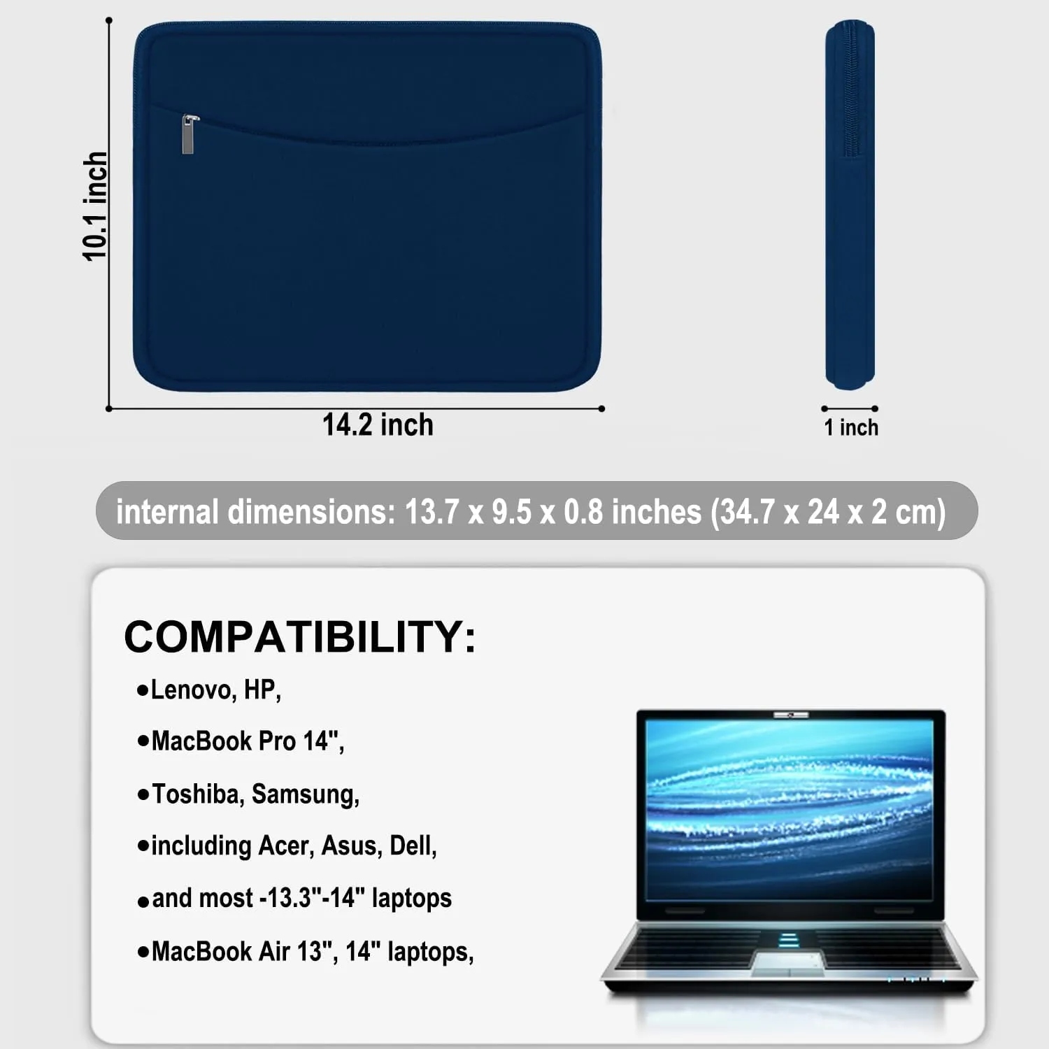 Laptop Sleeve Case 14 inch, Shockproof Protective Laptop Cover Briefcase Carrying Computer Bag with Accessory Pocket Portable Computer Sleeve for 14" MacBook, HP, Dell, Lenovo, Acer, Blue