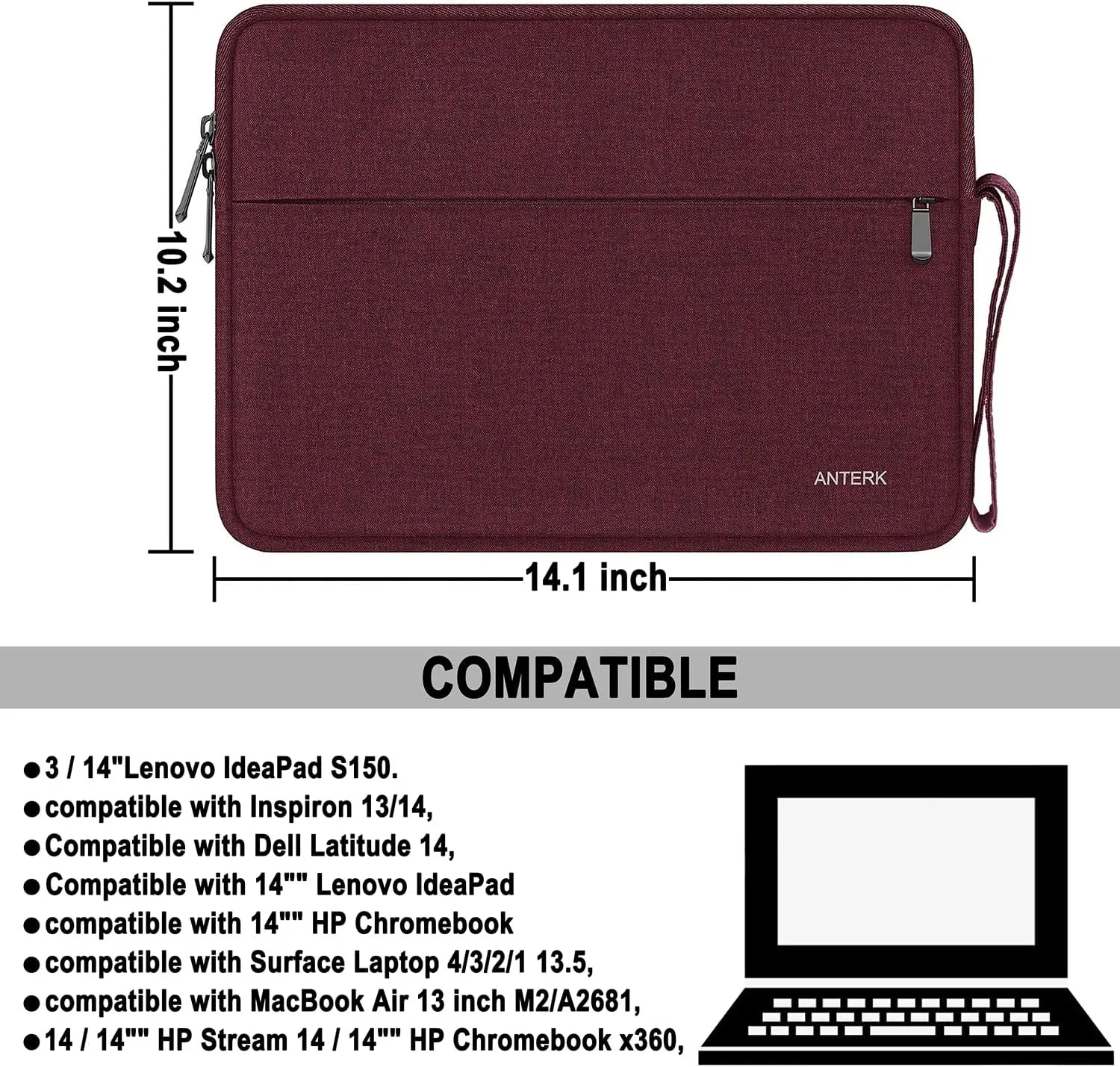 Laptop Sleeve Case 14 Inch, Water Resistant Traveling Computer Cover with Handle, Shockproof Protective Carrying Laptop Bag Compatible for 14 Inch MacBook Air/Pro, HP, Dell, Lenovo, WineRed