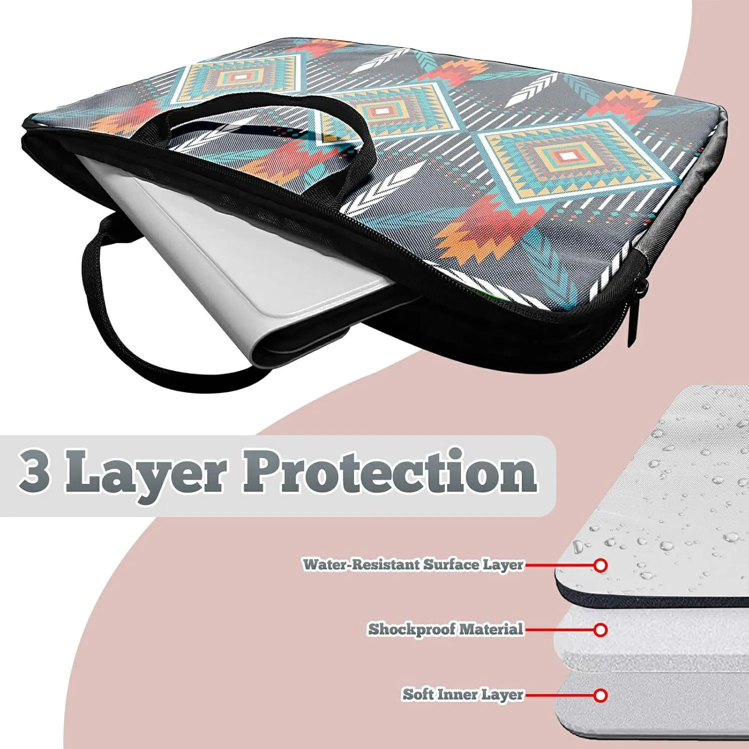 Laptop Sleeve Case 15 inch Plus Cute Mousepad, Geometric Bohemian Artesian Slim Carrying Case Durable Handbag Protective Travel Laptop Bag for 13-15 inch Tablet,Laptop, Ultrabook Notebook